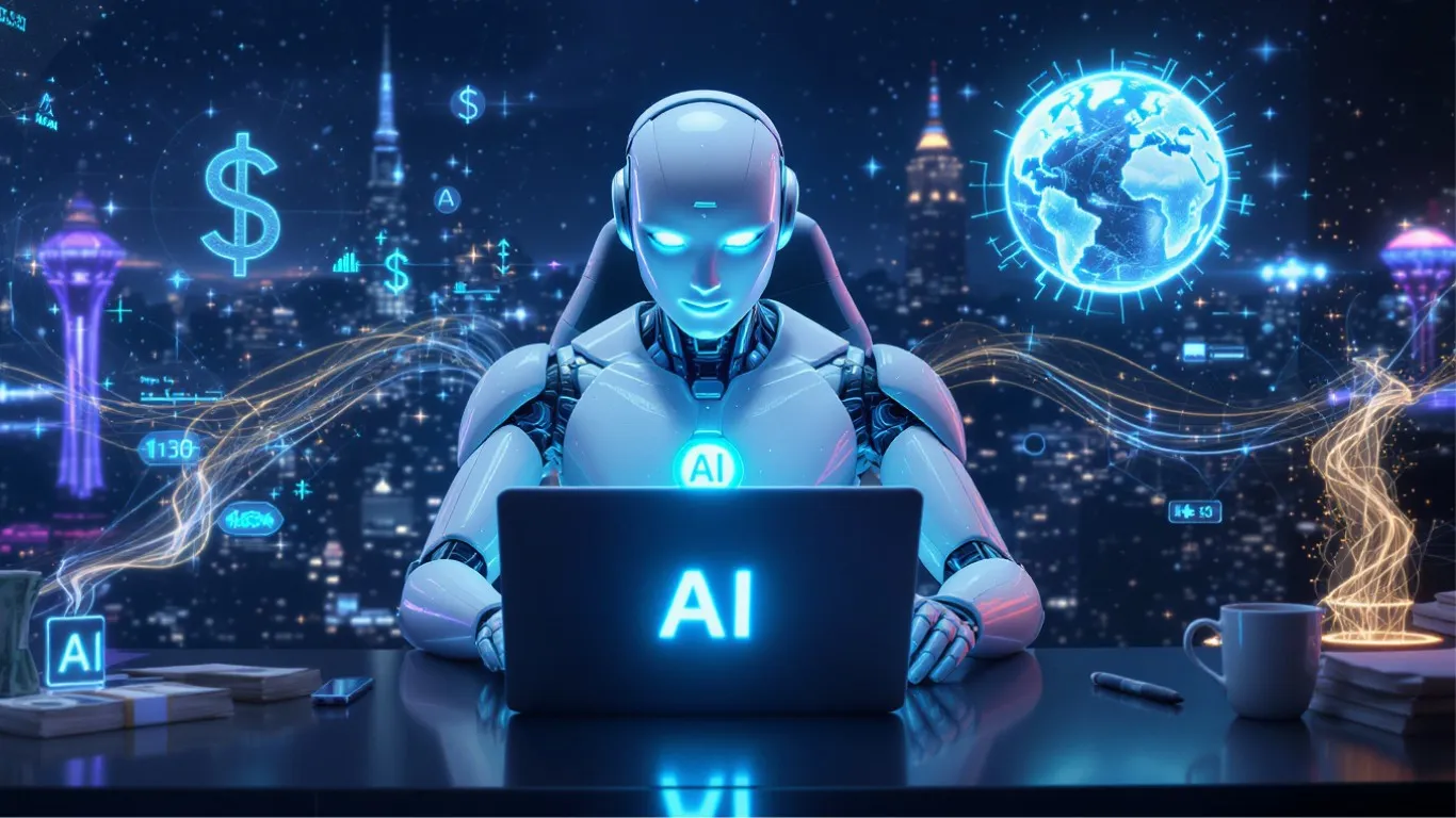 Avatar IA che registra davanti a un computer