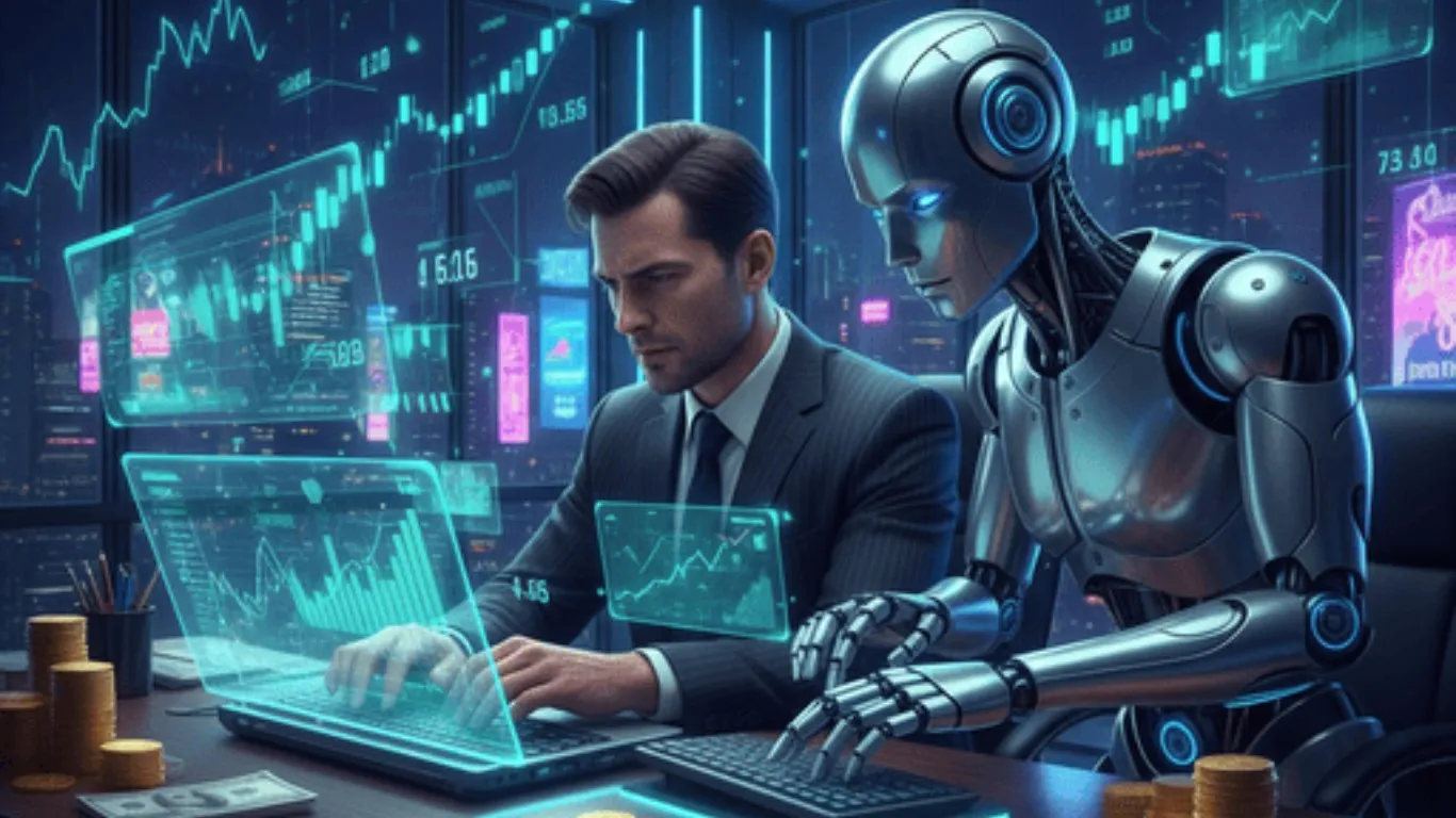 Imprenditore che lavora accanto a un robot con grafici finanziari