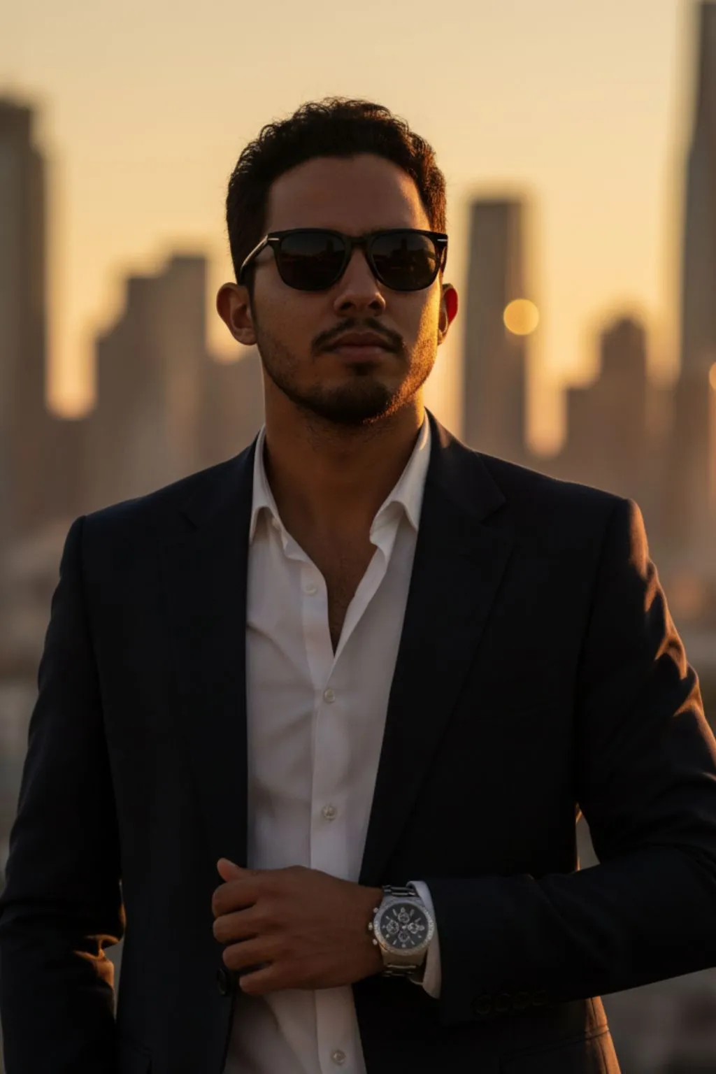 Modella che posa in un ambiente urbano al tramonto