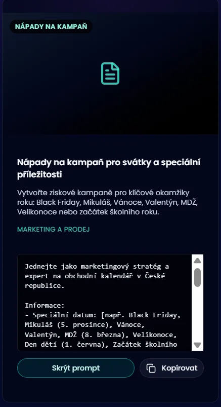 Stránka s prompty pro optimalizaci pracovního postupu