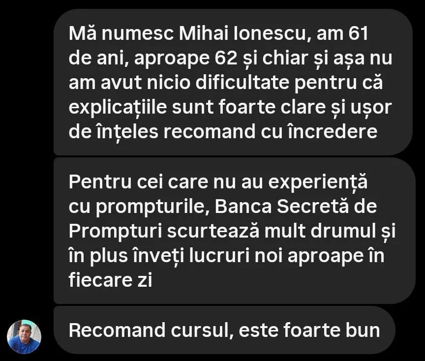Testimonial 1 despre Banca Secretă de Prompturi